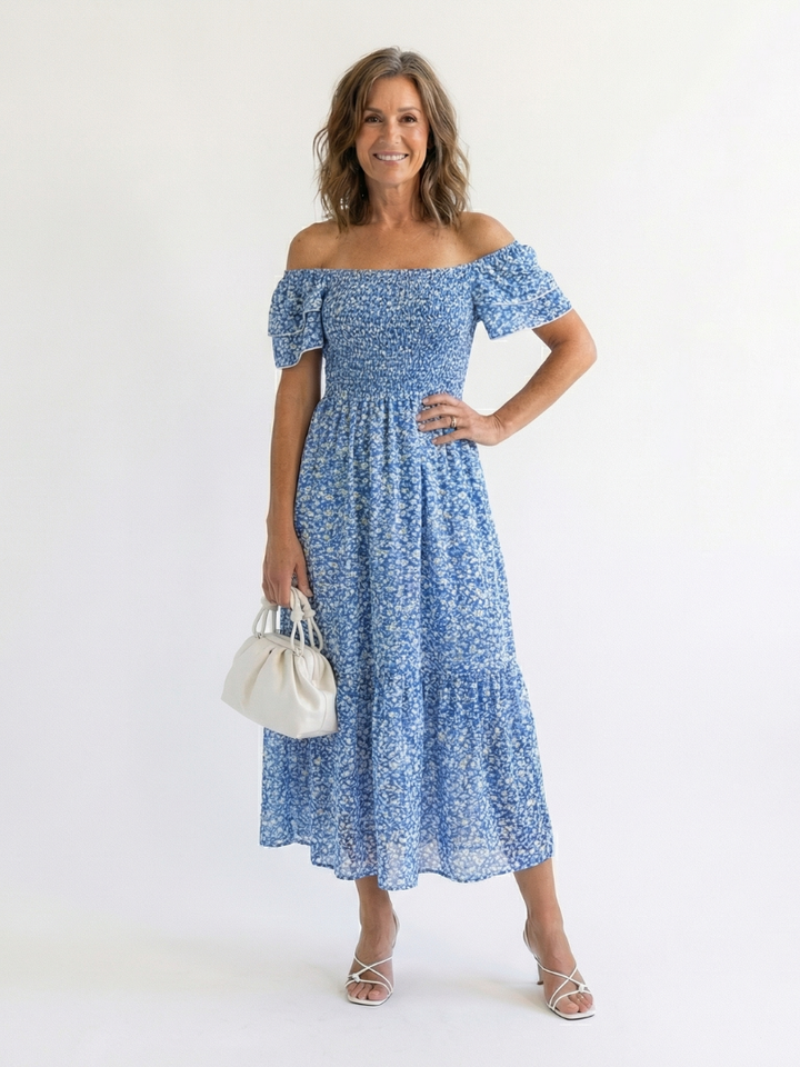Fleur | Floral Smocked Midi Dress with Off Shoulder Neckline
