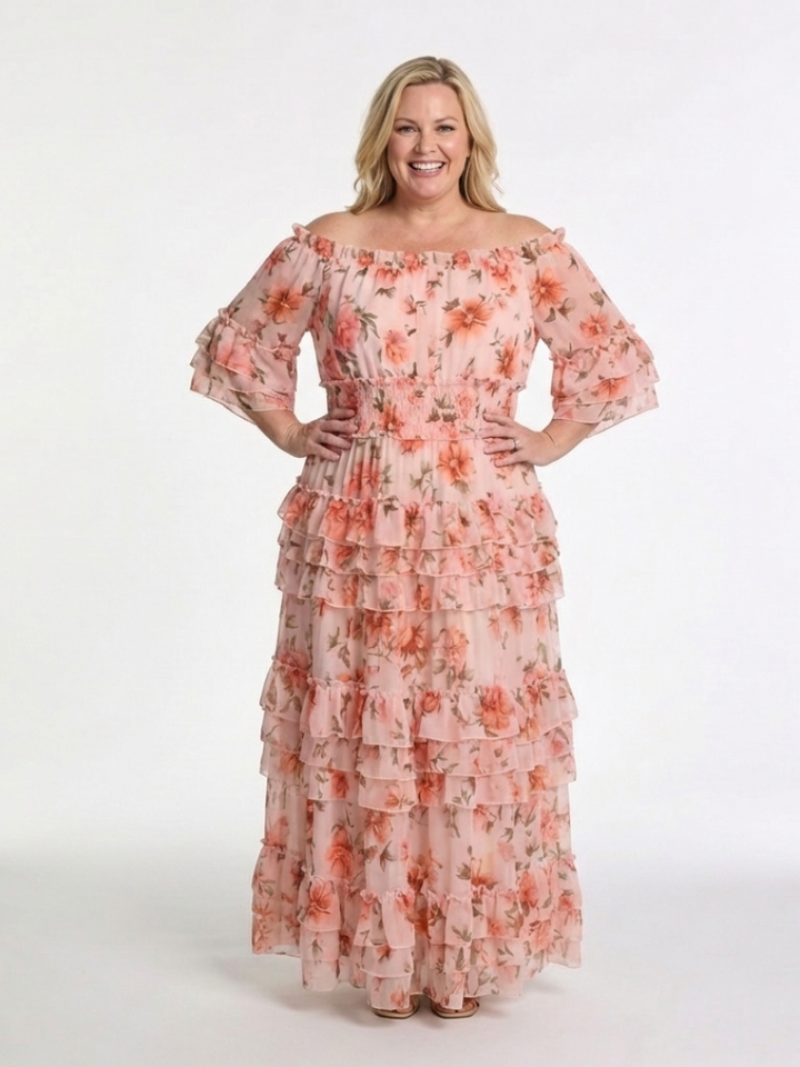 Solène | Floral Maxi Dress with Off Shoulder Ruffle & Tiered Hem