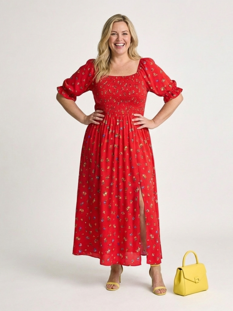 Tessa | Floral Puff Sleeve Midi Dress with Square Neckline