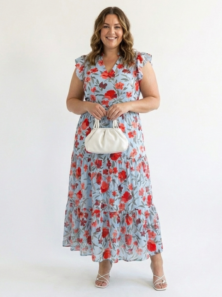 Seraphine | Tiered Floral Midi Dress with V Neckline