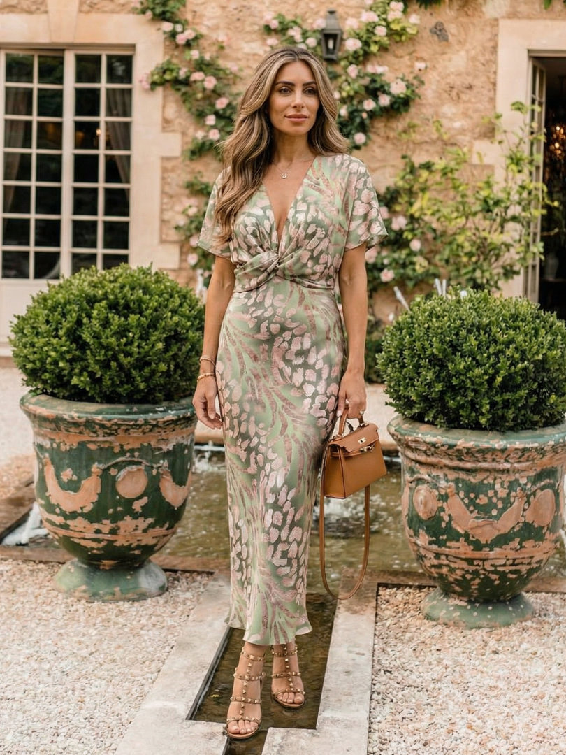 Elise | Abstract Print Midi Dress with Twist Waist & V Neckline