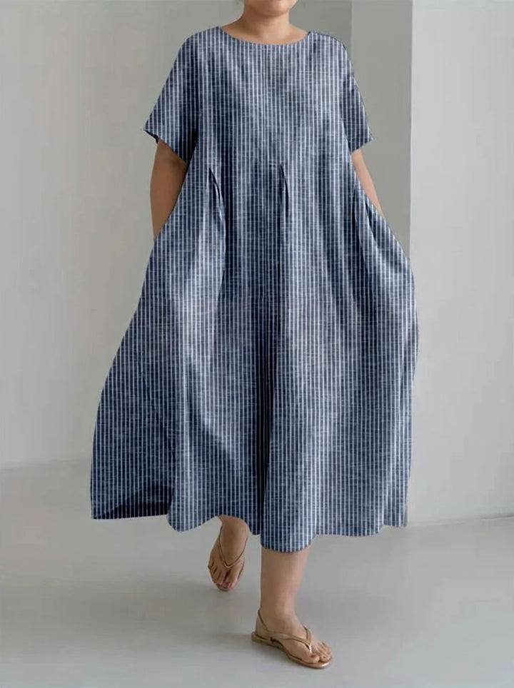 Jolie | Retro Stripe Print Loose Midi Dress with Round Neckline