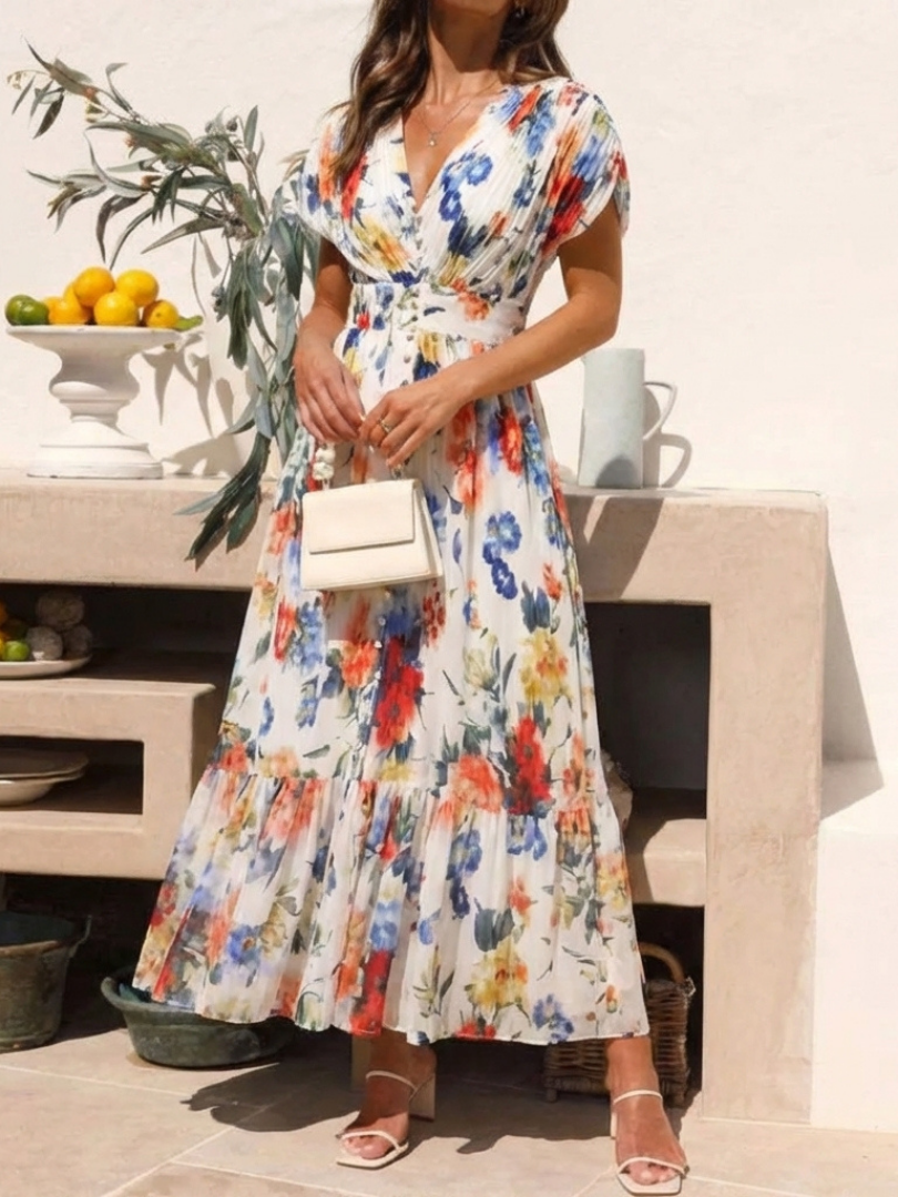 Adele | Pleated Floral Midi Dress with Short Sleeves
