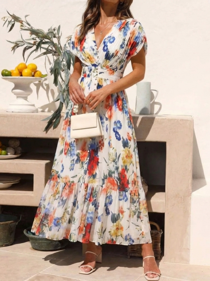Adele | Pleated Floral Midi Dress with Short Sleeves