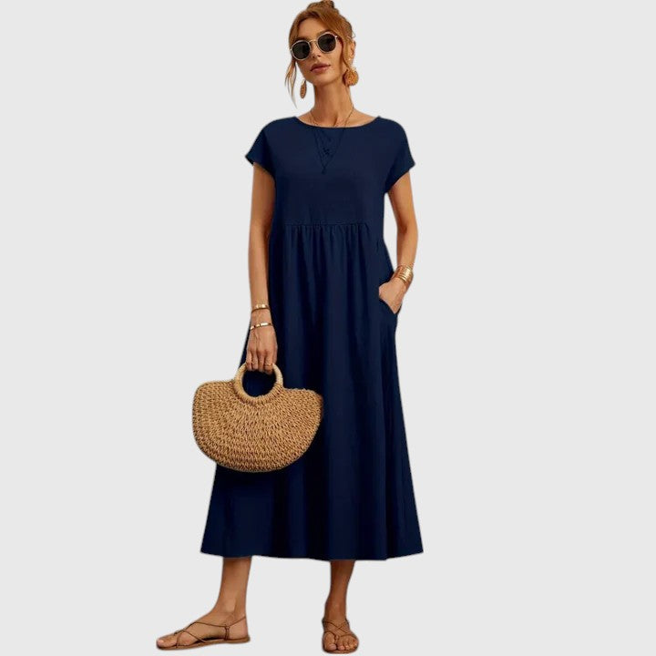 Fenna | Relaxed Midi Dress with Round Neckline & Side Pockets
