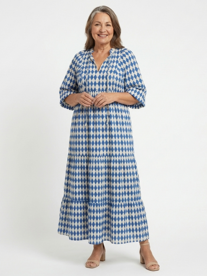 Vivienne | Tiered Midi Dress in Diamond Print