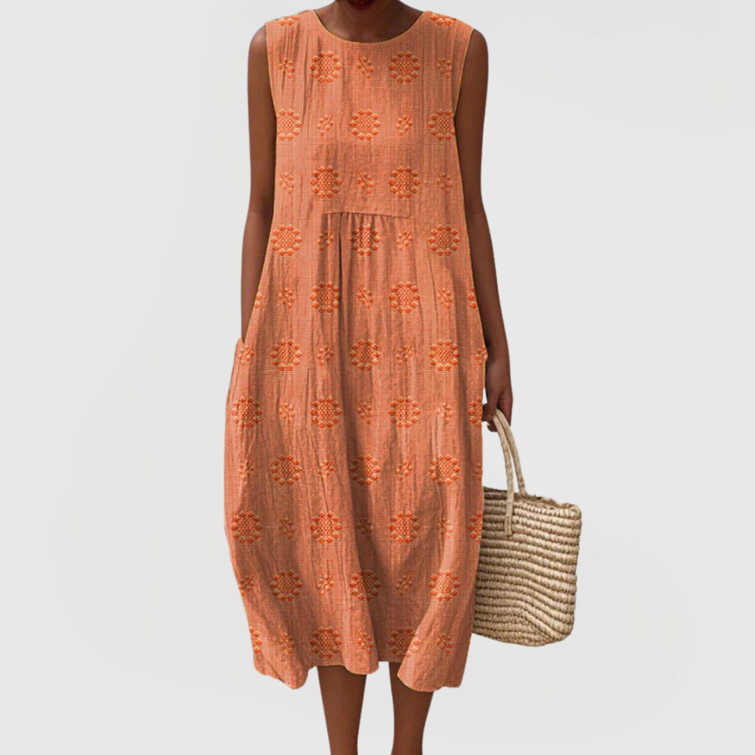 Valentina | Sleeveless Embroidered Midi Dress with Pockets & Gathered Waist