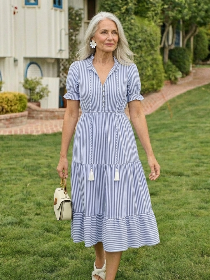 Vera | Striped Tiered Midi Dress with Short Sleeves