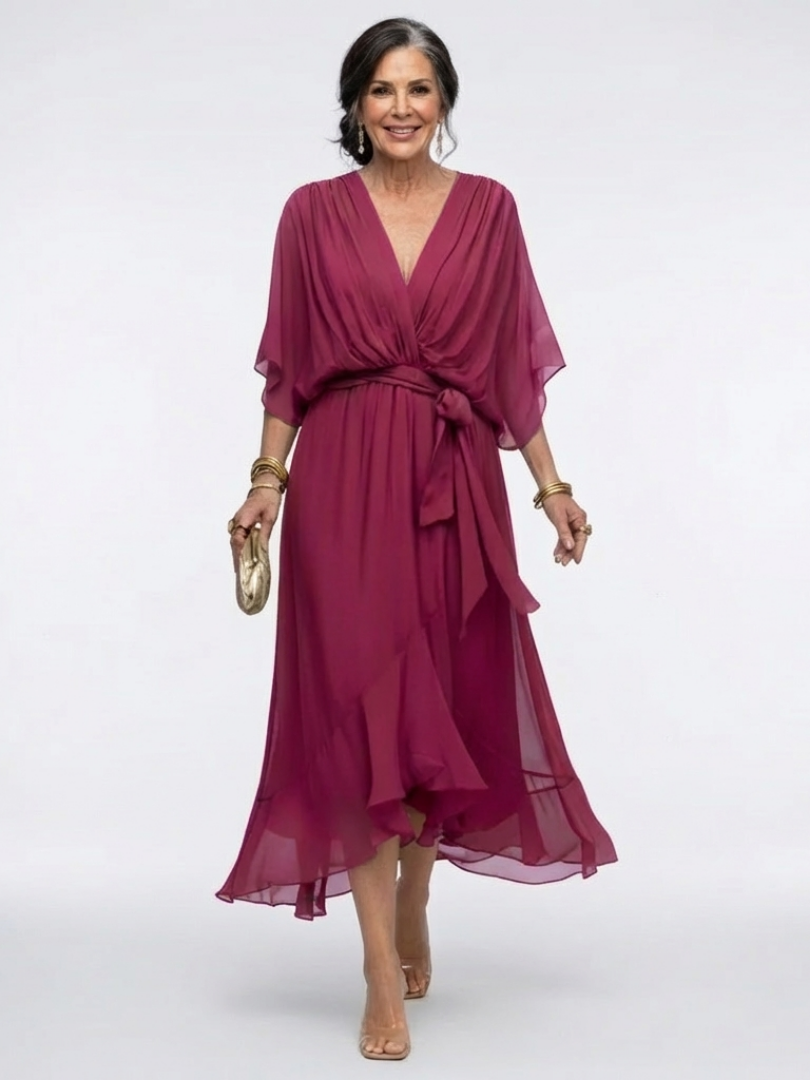 Camille | Draped Midi Dress with V Neckline & Waist Tie