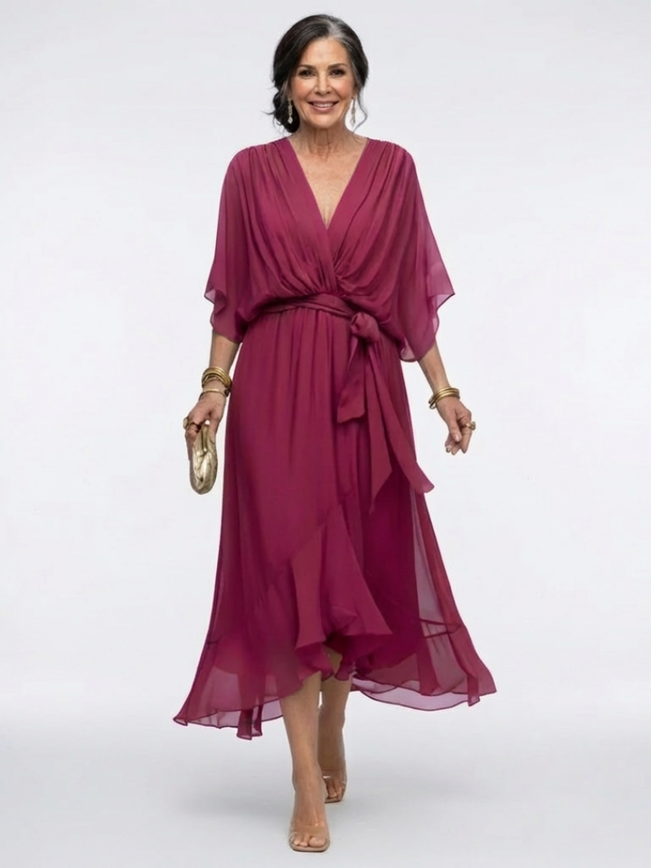 Camille | Draped Midi Dress with V Neckline & Waist Tie