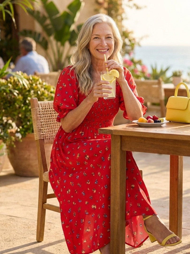 Tessa | Floral Puff Sleeve Midi Dress with Square Neckline