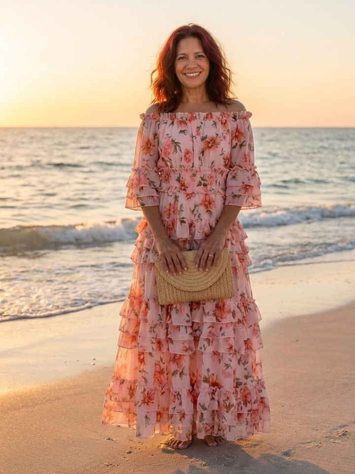 Solène | Floral Maxi Dress with Off Shoulder Ruffle & Tiered Hem