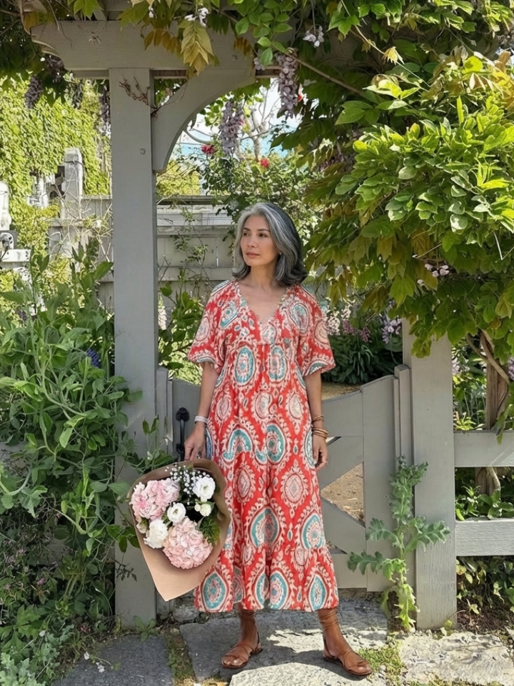 Nadine | Paisley Print Midi Dress with V Neckline & Short Sleeves