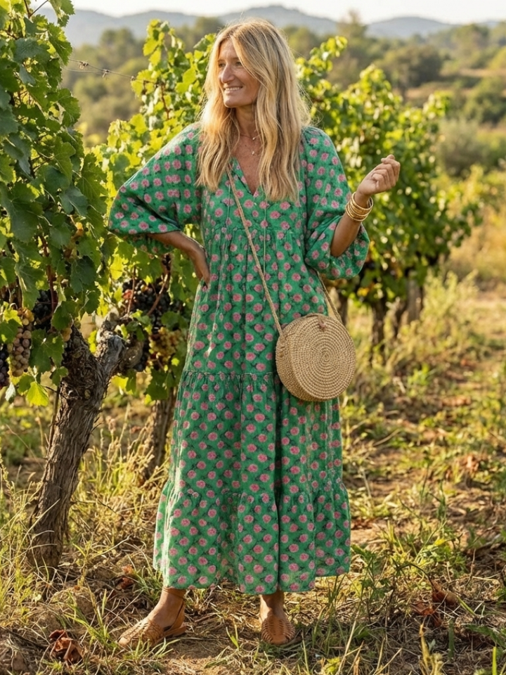 Celeste | Tiered Floral Midi Dress with V Neckline