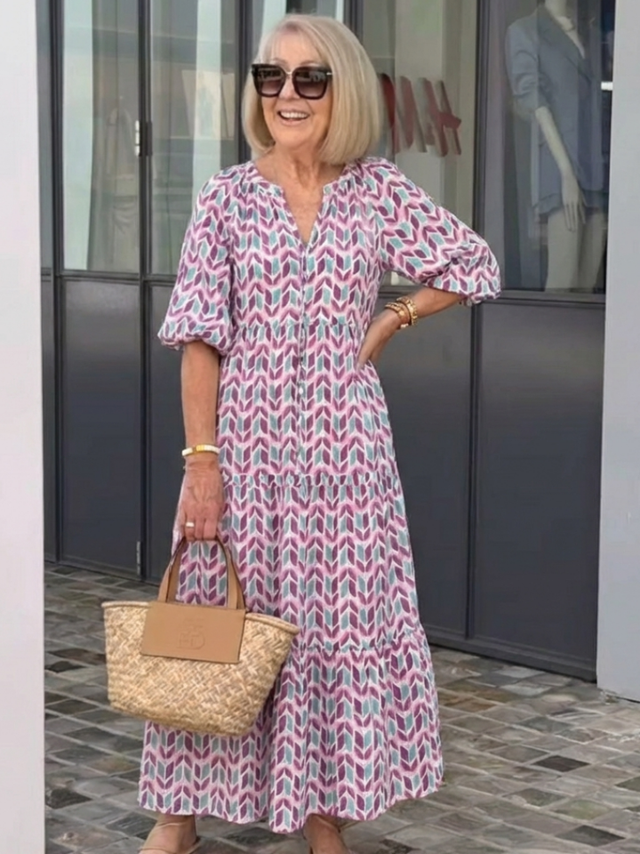 Ingrid | Tiered Midi Dress in Geometric Print with Long Sleeves