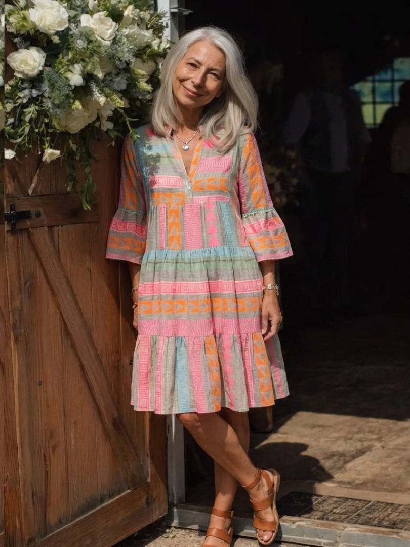 Zia | Tiered Knee Length Dress in Geometric Print with V Neckline