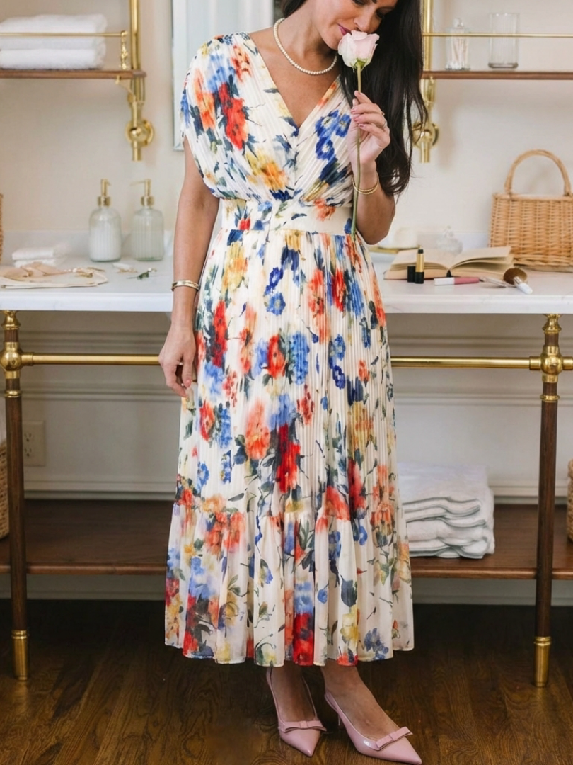 Adele | Pleated Floral Midi Dress with Short Sleeves