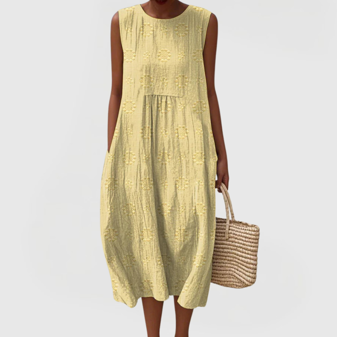 Valentina | Sleeveless Embroidered Midi Dress with Pockets & Gathered Waist