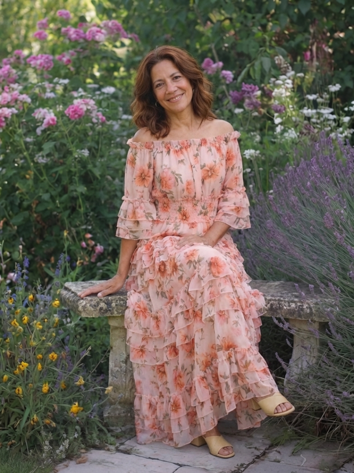Solène | Floral Maxi Dress with Off Shoulder Ruffle & Tiered Hem