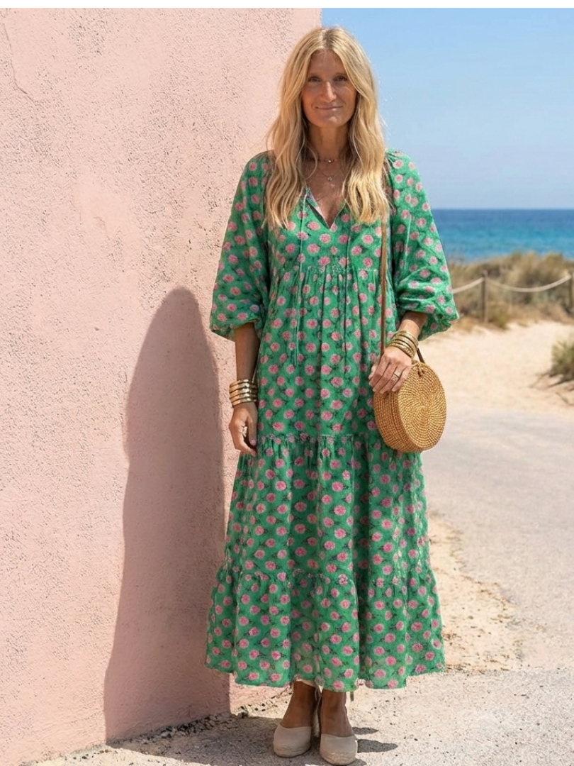 Celeste | Tiered Floral Midi Dress with V Neckline