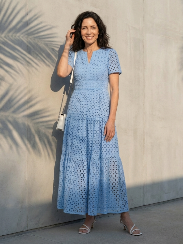 Petra | Tiered Midi Dress with V Neckline & Short Sleeves