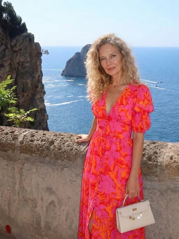 Lena | Floral Midi Dress with Puff Sleeves & V Neckline