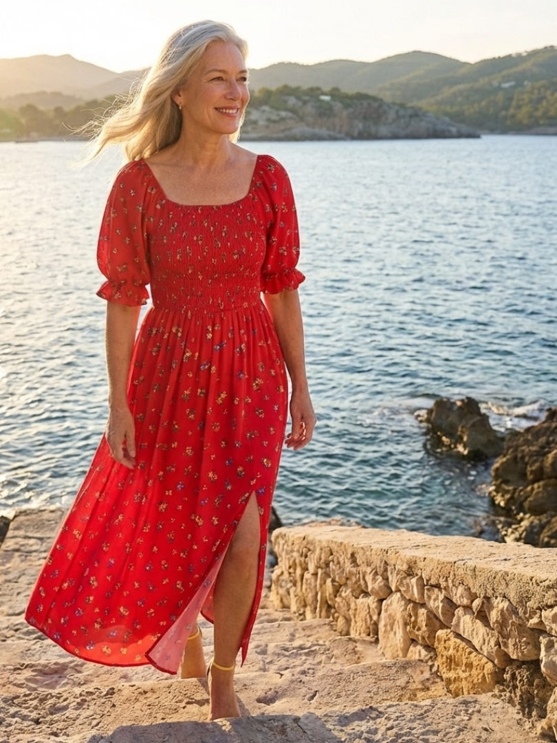 Tessa | Floral Puff Sleeve Midi Dress with Square Neckline