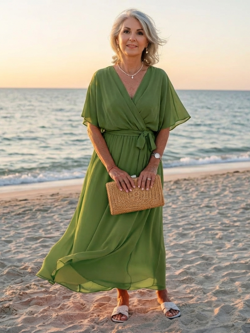 Camille | Draped Midi Dress with V Neckline & Waist Tie