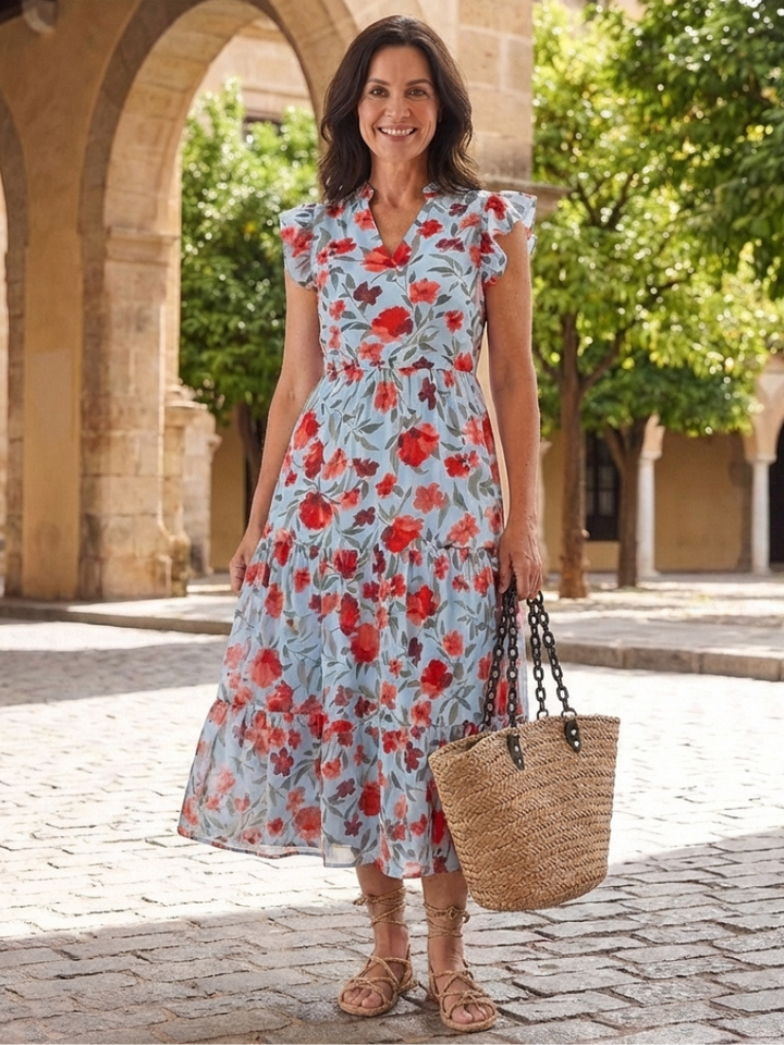 Seraphine | Tiered Floral Midi Dress with V Neckline