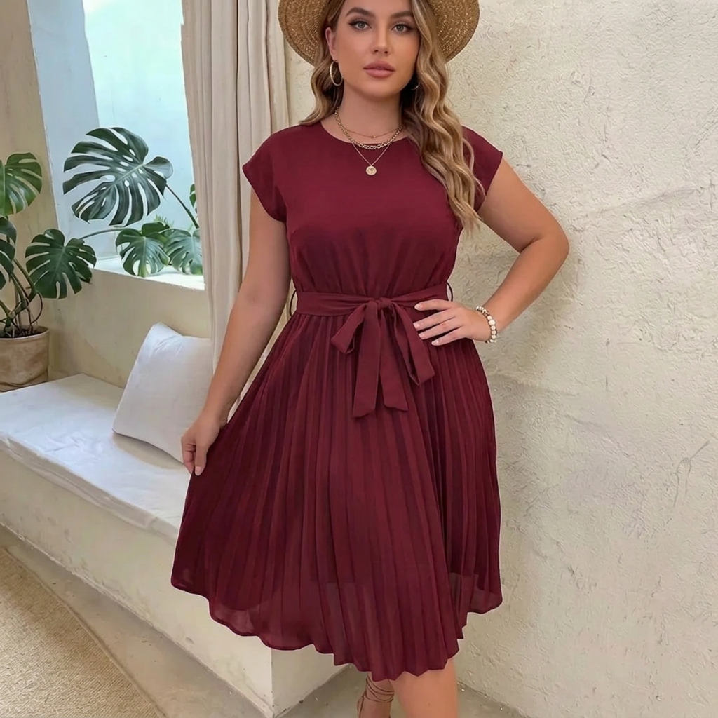 Lucia | Pleated Summer Midi Dress with Round Neckline