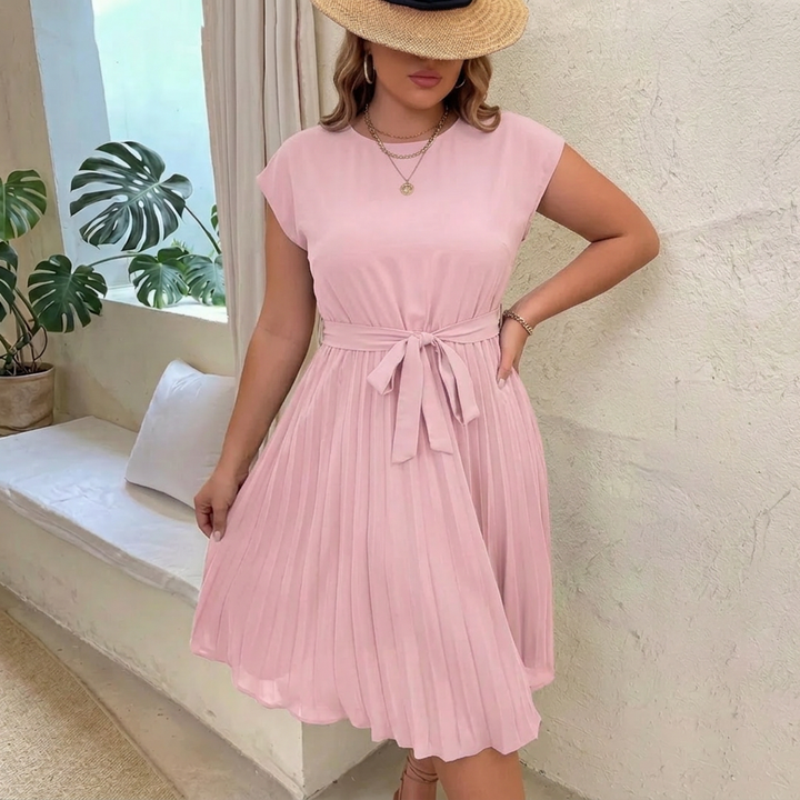 Lucia | Pleated Summer Midi Dress with Round Neckline