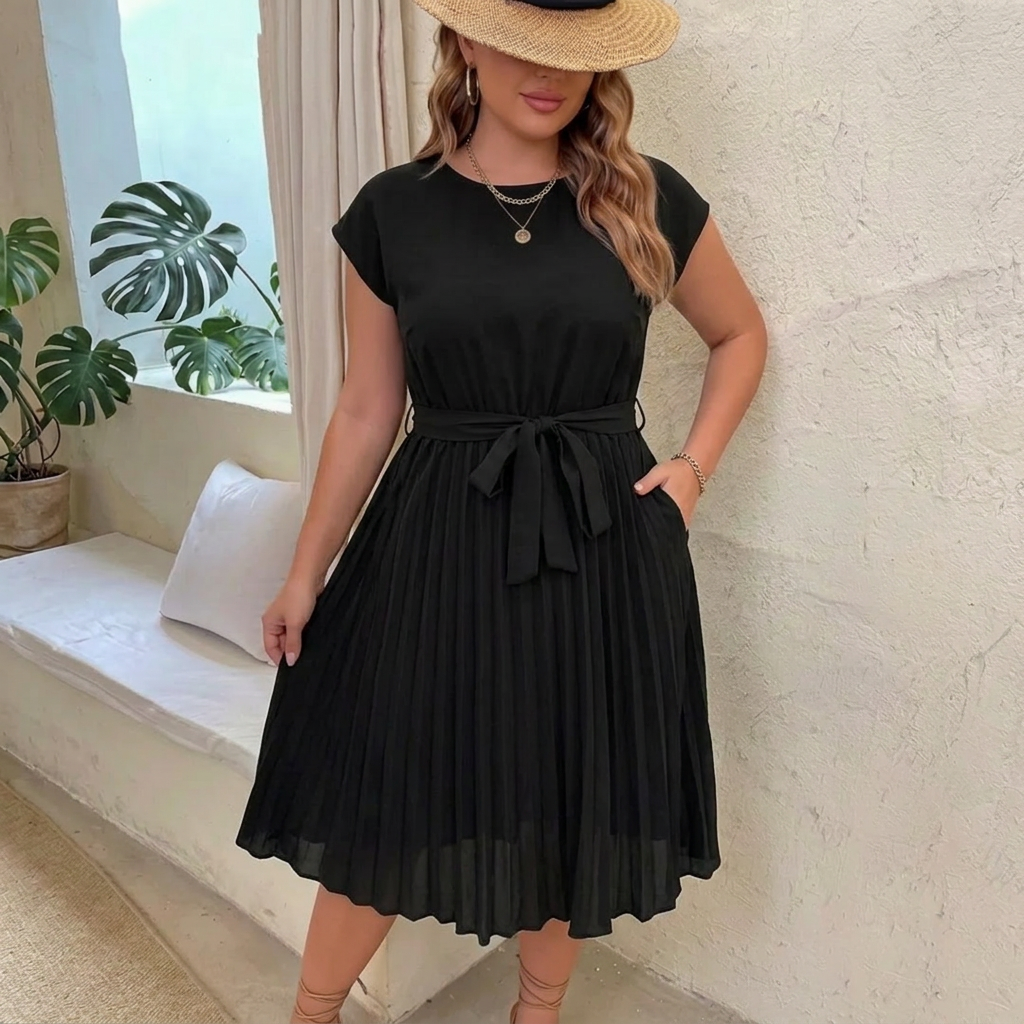 Lucia | Pleated Summer Midi Dress with Round Neckline