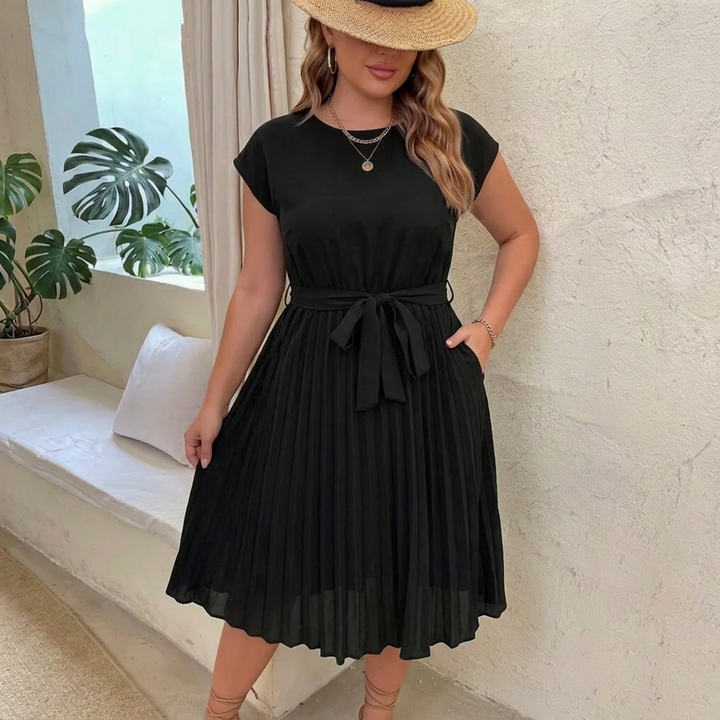Lucia | Pleated Summer Midi Dress with Round Neckline