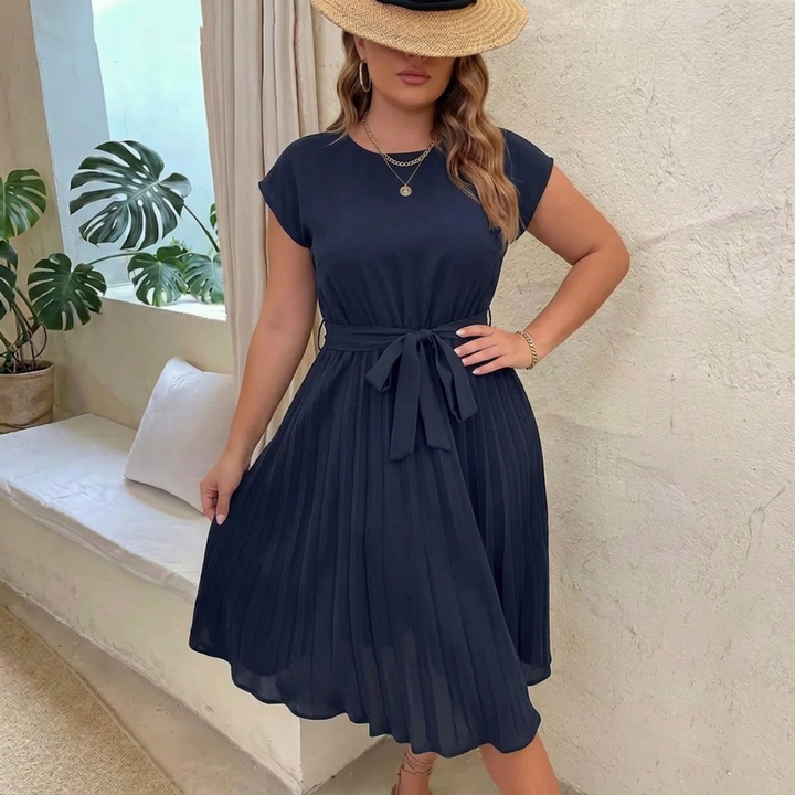 Lucia | Pleated Summer Midi Dress with Round Neckline