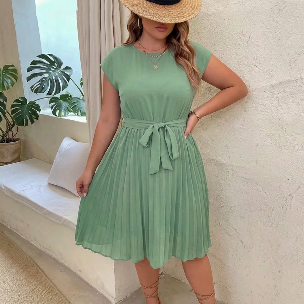 Lucia | Pleated Summer Midi Dress with Round Neckline