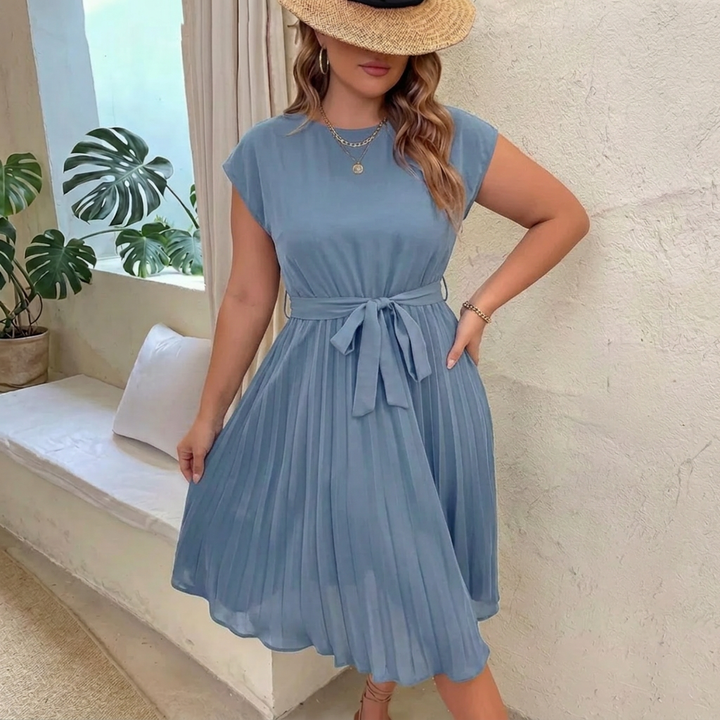 Lucia | Pleated Summer Midi Dress with Round Neckline