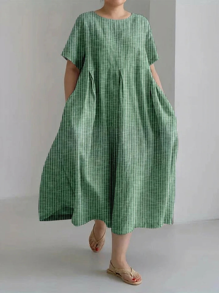 Jolie | Retro Stripe Print Loose Midi Dress with Round Neckline