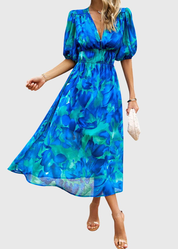 Marlene | Floral Print Midi Dress with Smocked Waist & Flowy Skirt
