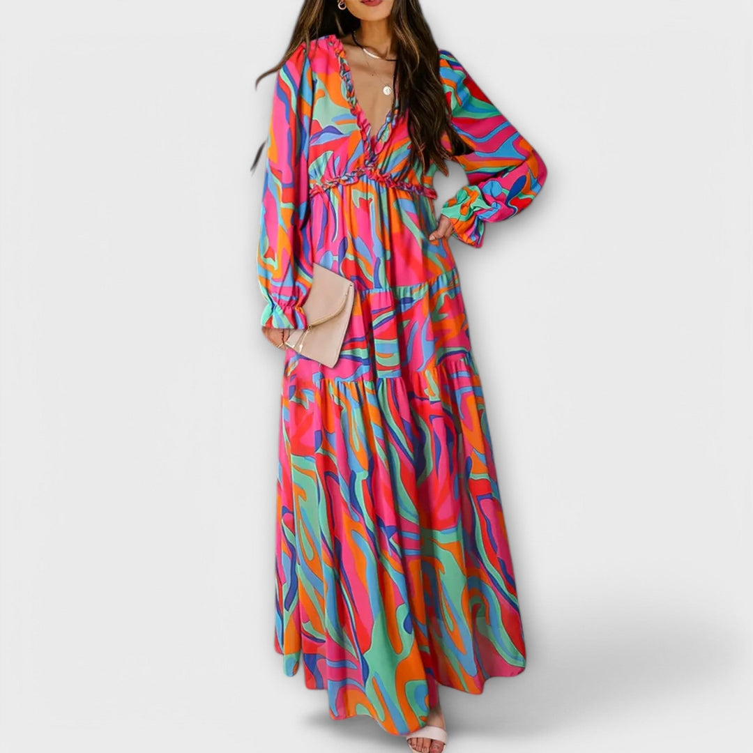 Phoebe | Floral Pleated Maxi Dress with V Neckline