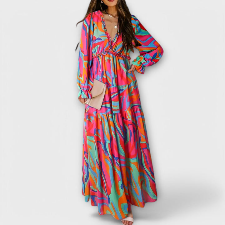 Phoebe | Floral Pleated Maxi Dress with V Neckline