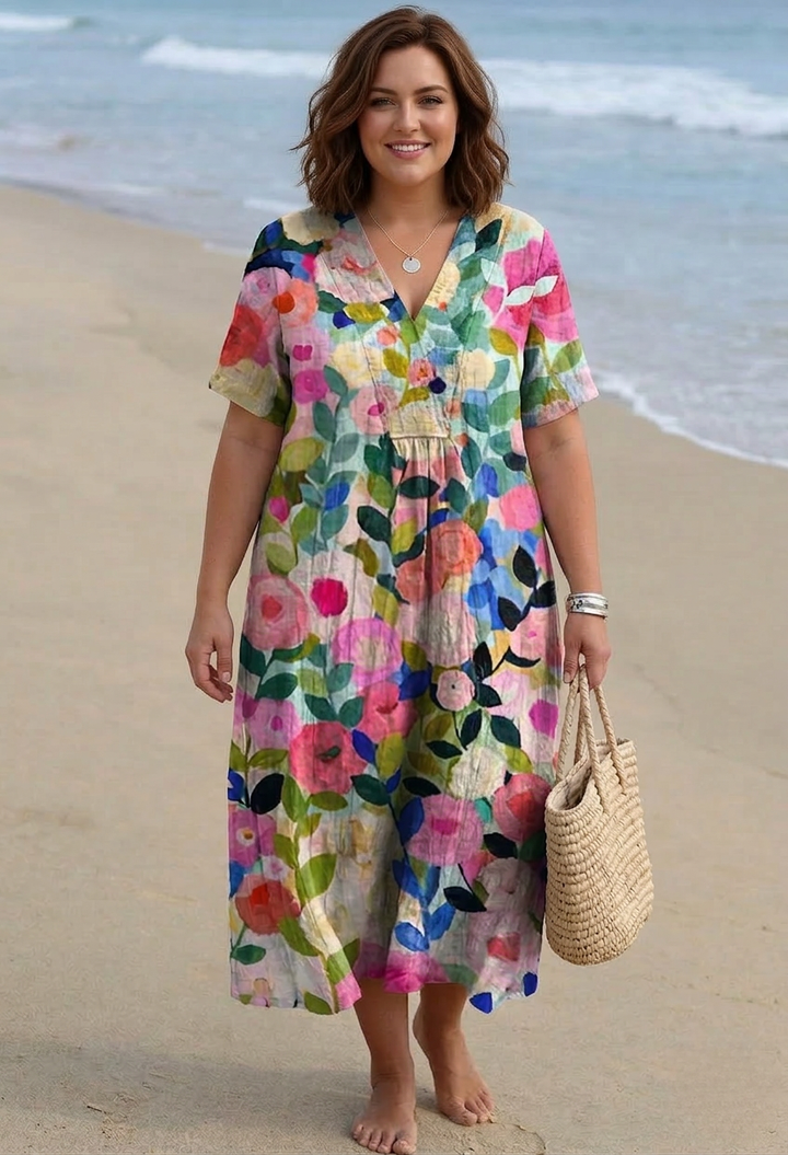 Bente | Vintage Floral V Neck Dress with Short Sleeves