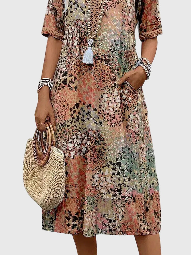 Yvonne | Floral Print Midi Dress with Flowing Silhouette & Belly Coverage