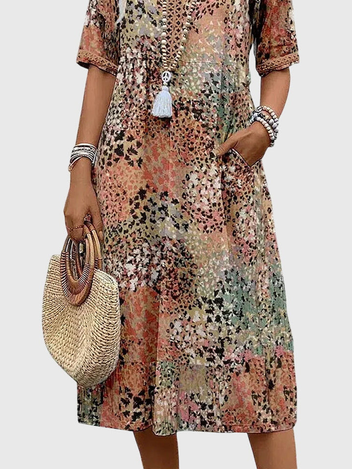 Yvonne | Floral Print Midi Dress with Flowing Silhouette & Belly Coverage