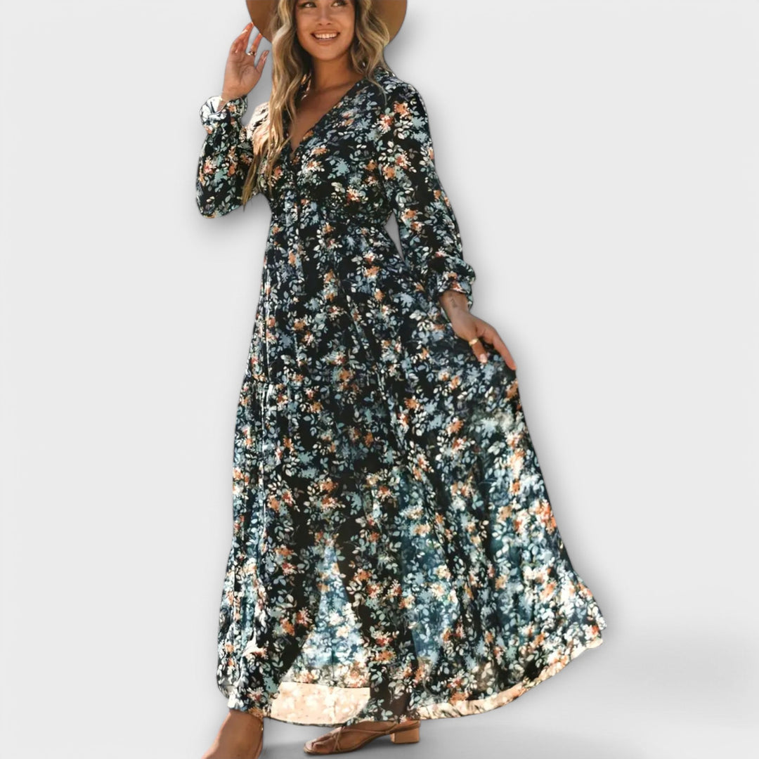 Phoebe | Floral Pleated Maxi Dress with V Neckline