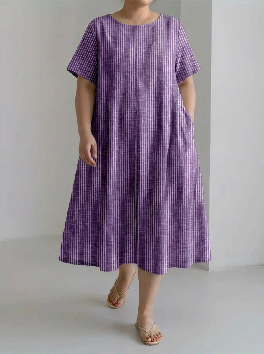 Jolie | Retro Stripe Print Loose Midi Dress with Round Neckline