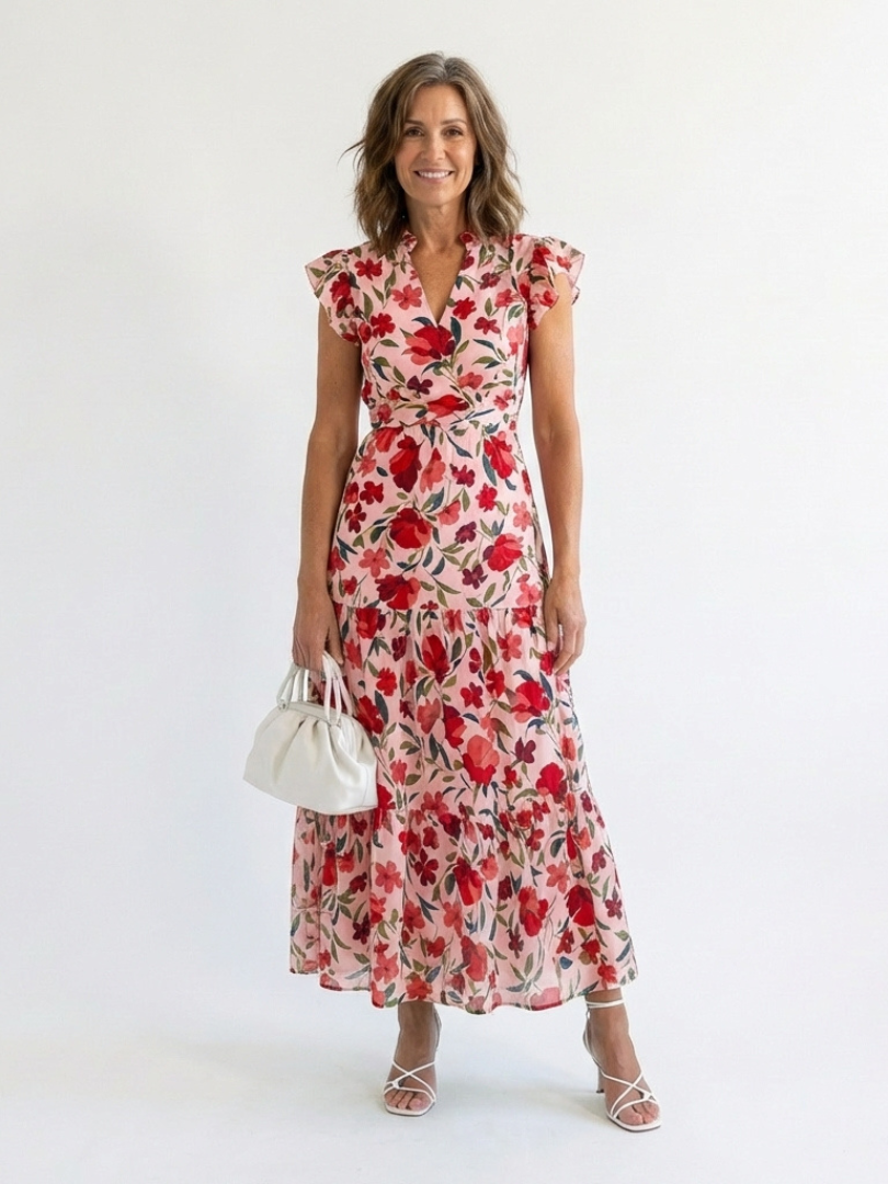 Seraphine | Tiered Floral Midi Dress with V Neckline