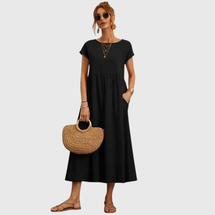 Fenna | Relaxed Midi Dress with Round Neckline & Side Pockets