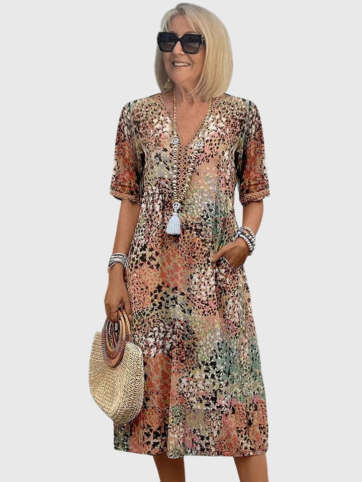 Yvonne | Floral Print Midi Dress with Flowing Silhouette & Belly Coverage