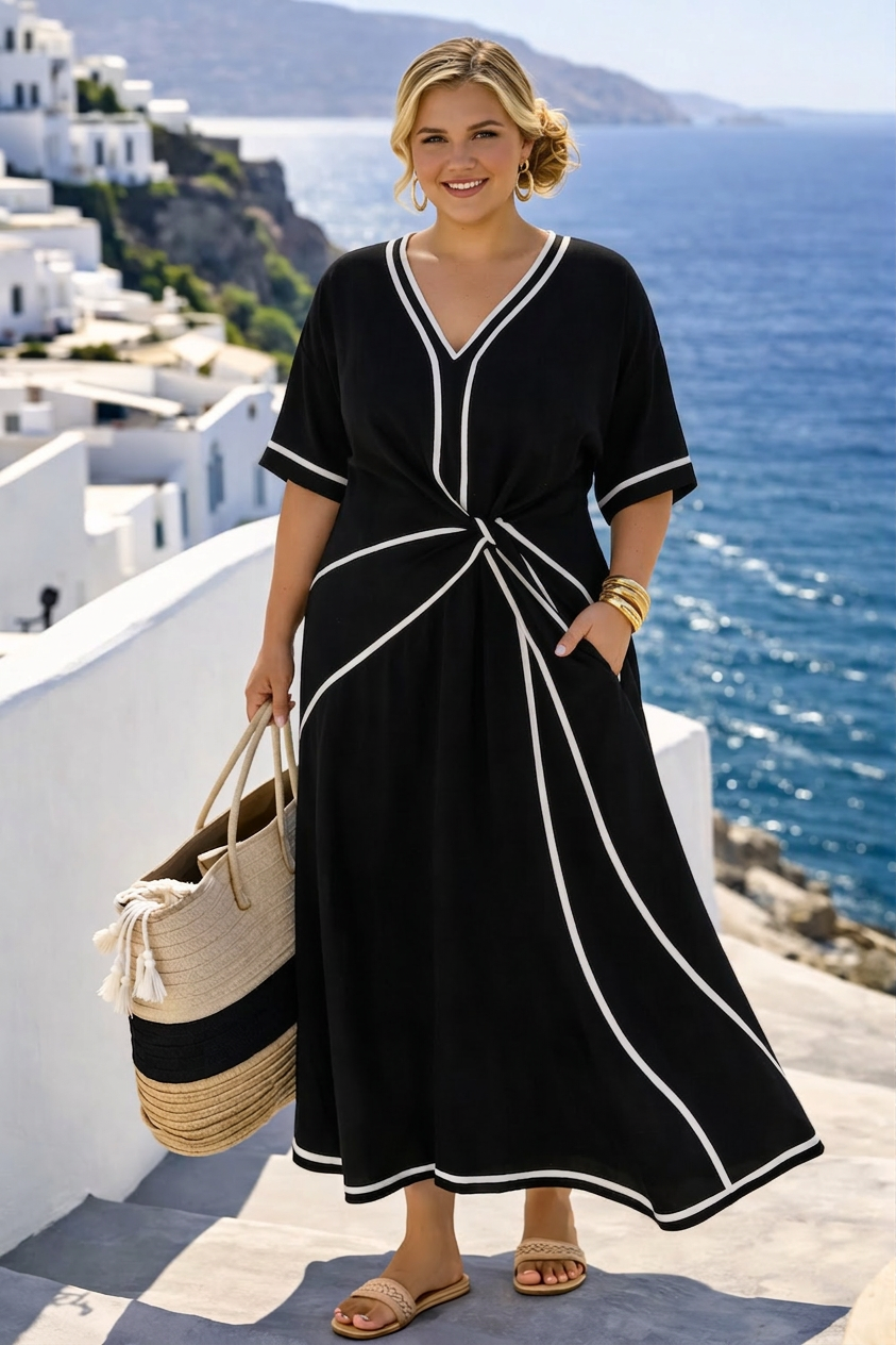 Athena | V Neck Midi Dress with Graceful Draped Waist