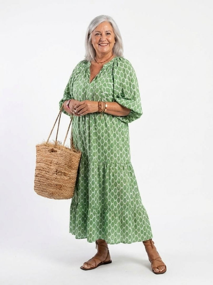 Zoe | Patterned Midi Dress with V Neckline & Three Quarter Sleeves